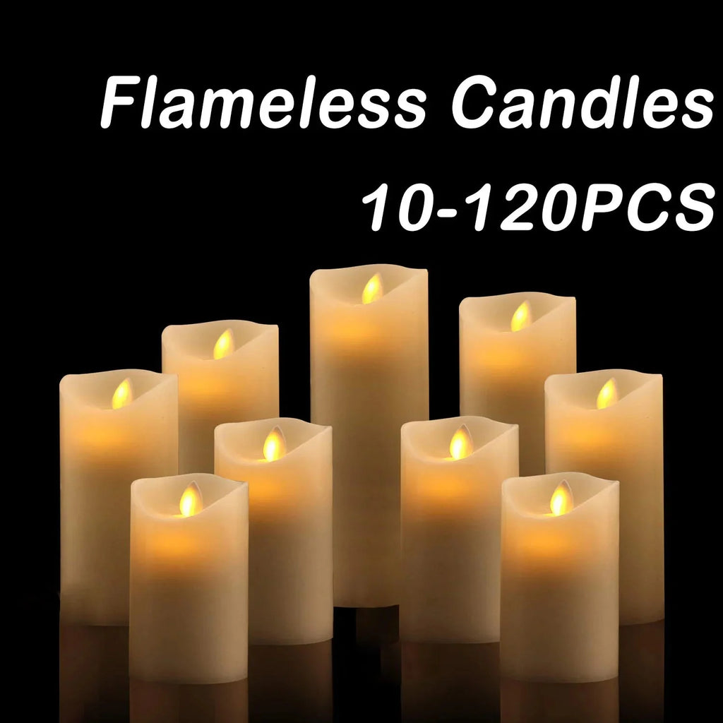 10-120pcs Flameless LED Flickering Pillar Candles – Battery-Operated, Safe, and Reusable for Weddings, Parties, and Home Décor