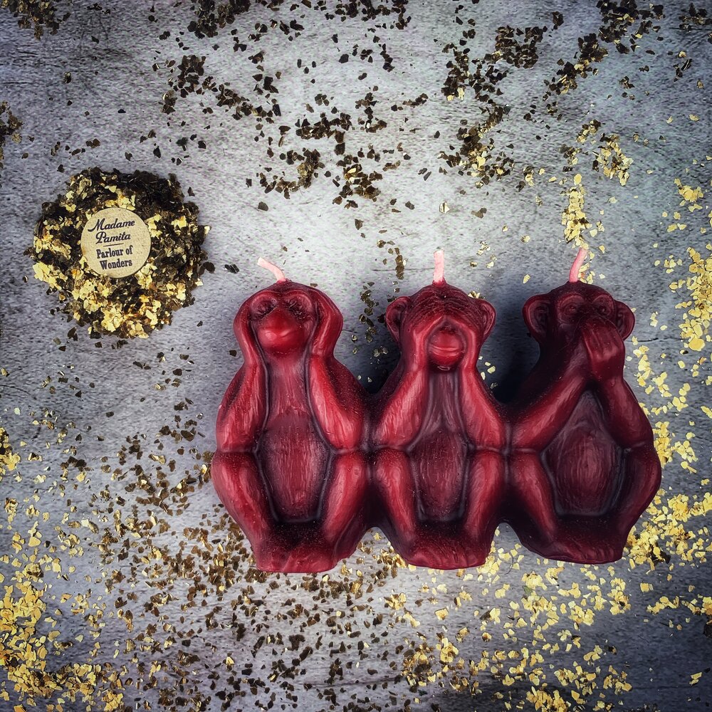 Beeswax Three Wise Monkeys Spell Candle - Stop Jealous Gossip & Silence Enemies Magic